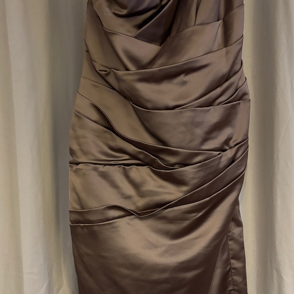 David's Bridal One-Shoulder Satin Dress champagne colored with matching sash - Picture 3 of 9